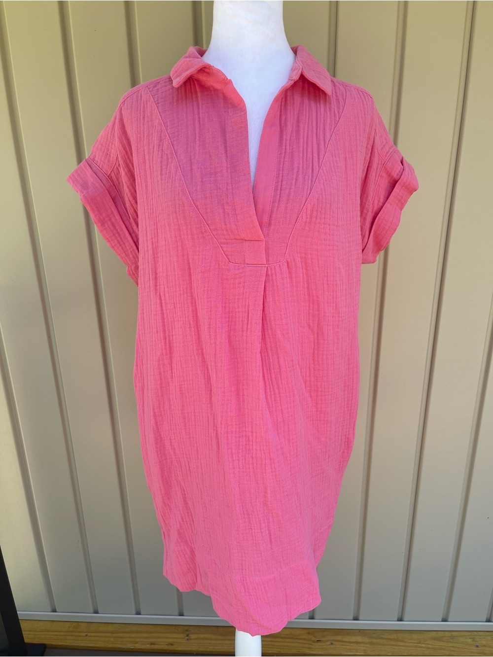 J. Crew Women Pink Gauze Cotton Beach Resort V-Neck Short Sleeve Large Dress